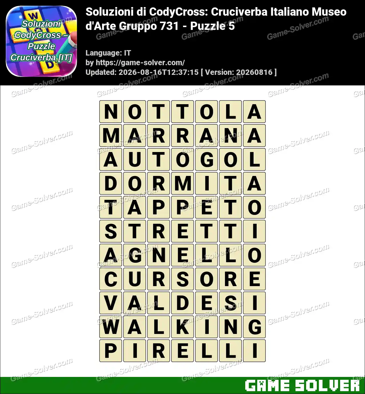 Soluzioni di CodyCross: Cruciverba Italiano Museo d’Arte Gruppo 731 – Puzzle 5